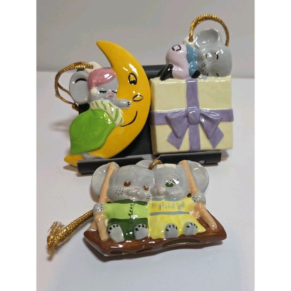 VTG Ceramic Hand painted Bisque Sleeping Mouse Christmas Ornament Set‎ of 3 - Picture 1 of 4